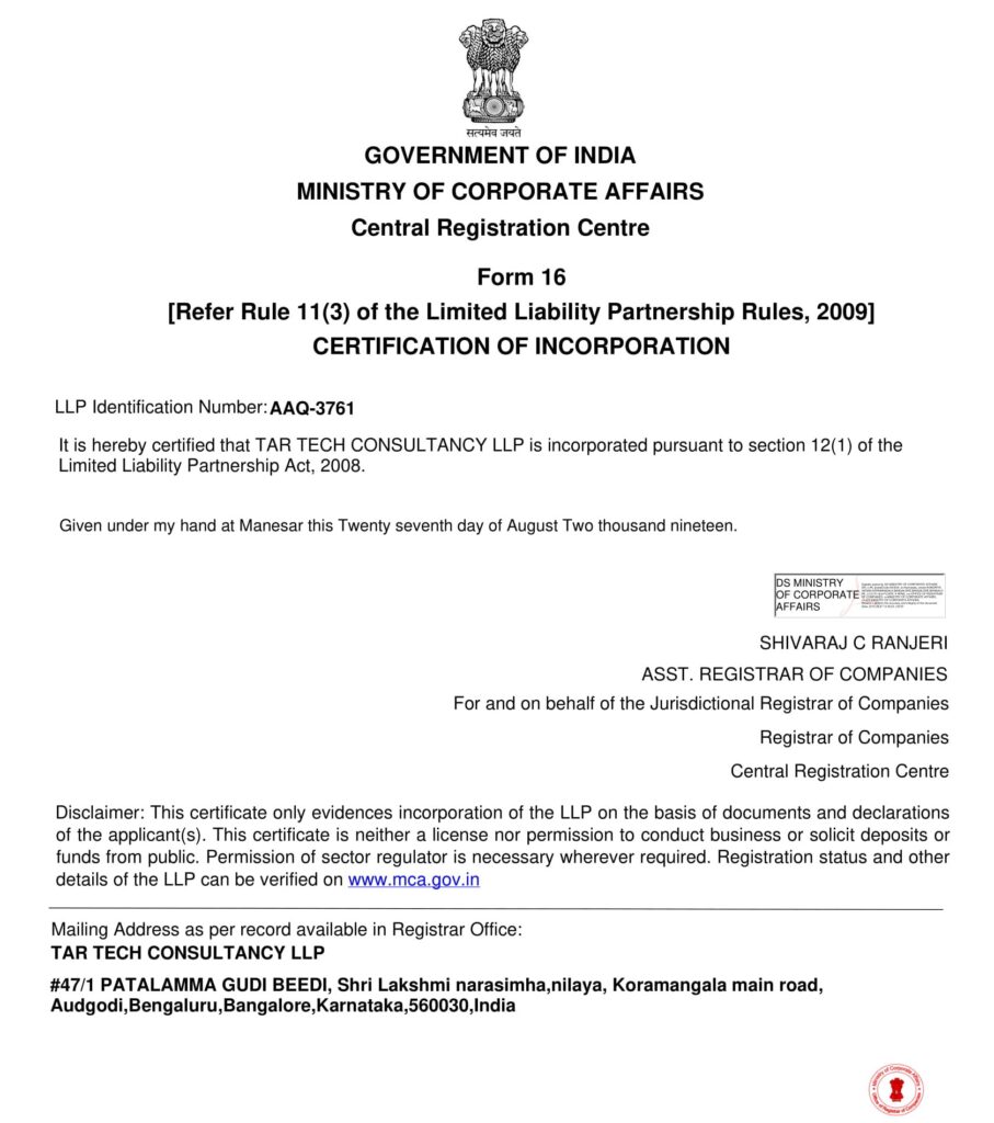 Certificate of Incorporation – Ministry of Corporate Affairs